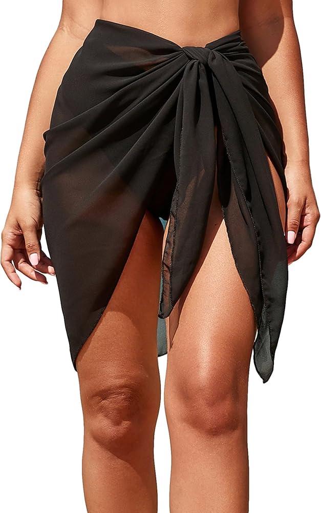 MakeMeChic Women's Beach Sarongs Knot Mesh Sheer Cover Up Chiffon Bathing Suit Cover Up Skirt