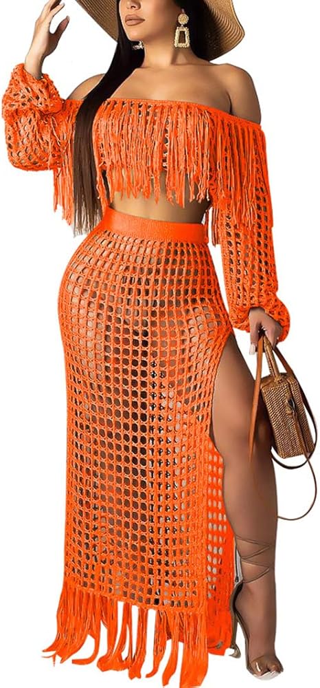 ECHOINE Women Sexy Two Piece Skirt Set - Tassel Hollow Out Off Shoulder High Split Cover Up Bikini Beach Dresses