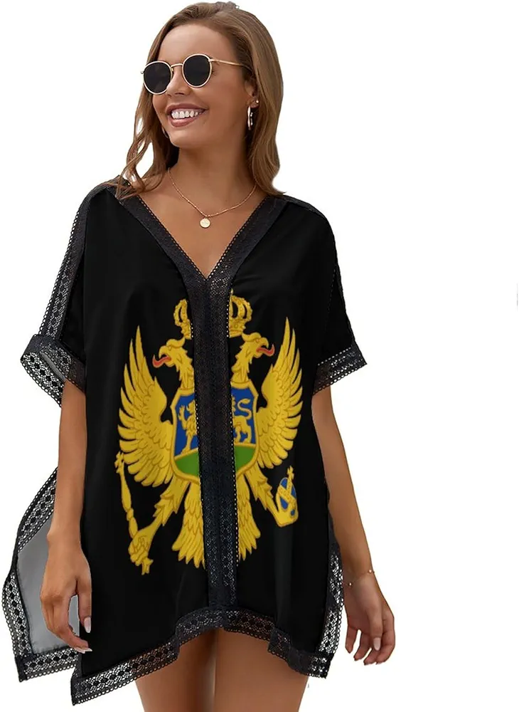 National Emblem of Montenegro Womens Beach Swim Cover Up V Neck Swimsuit Coverup Lace Trim Poncho Beachwear Tops