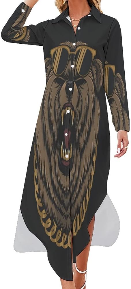 Angry Cool Bear Shirt Dresse Knee Length Long Bikini Cover-Up Button Down Side Split V-Neck Long Sleeve Blouse Top