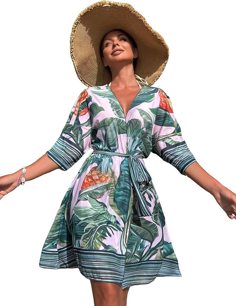 MakeMeChic Women's Kimono Cardigan Cover Up Tropical Beach Swimsuit Cover Up with Belt