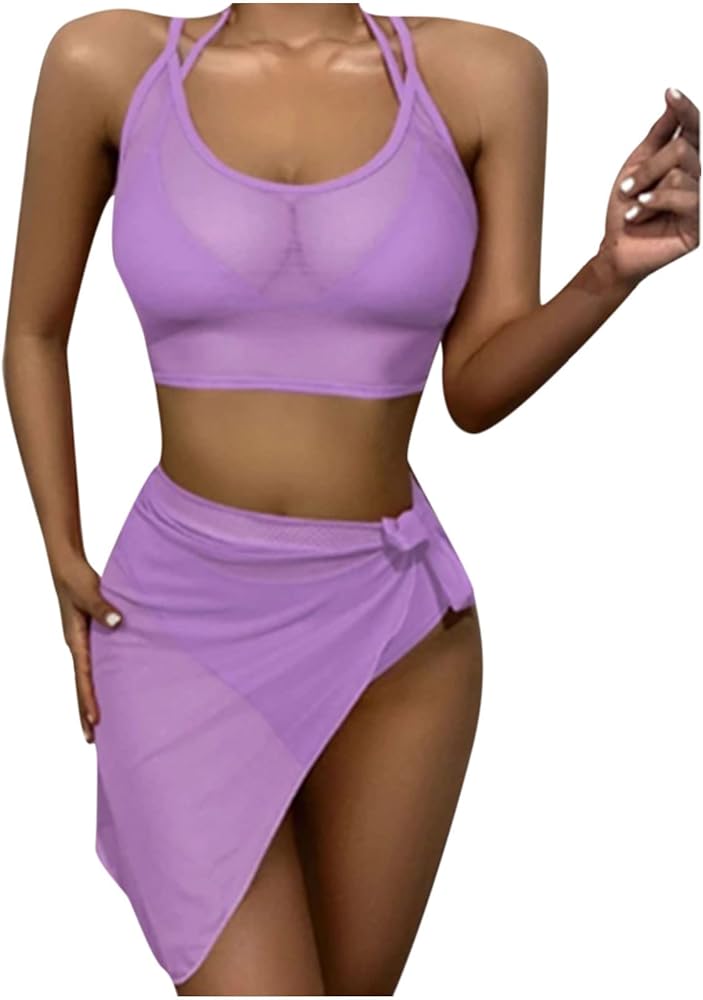 Women's 4 Pieces Swimsuit Halter String Triangle Bikini Set with Cross Back Mesh Cover Up and Sarongs Beach Skirts Purple