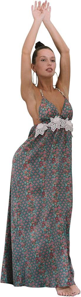 AMORISSIMO L'ESTATE DENTRO Long Backless Dress Carlotta Jakarta, Boho Pattern, Cotton Voile Beach Dress, Size L-XL, UK 12-14 Multicolor