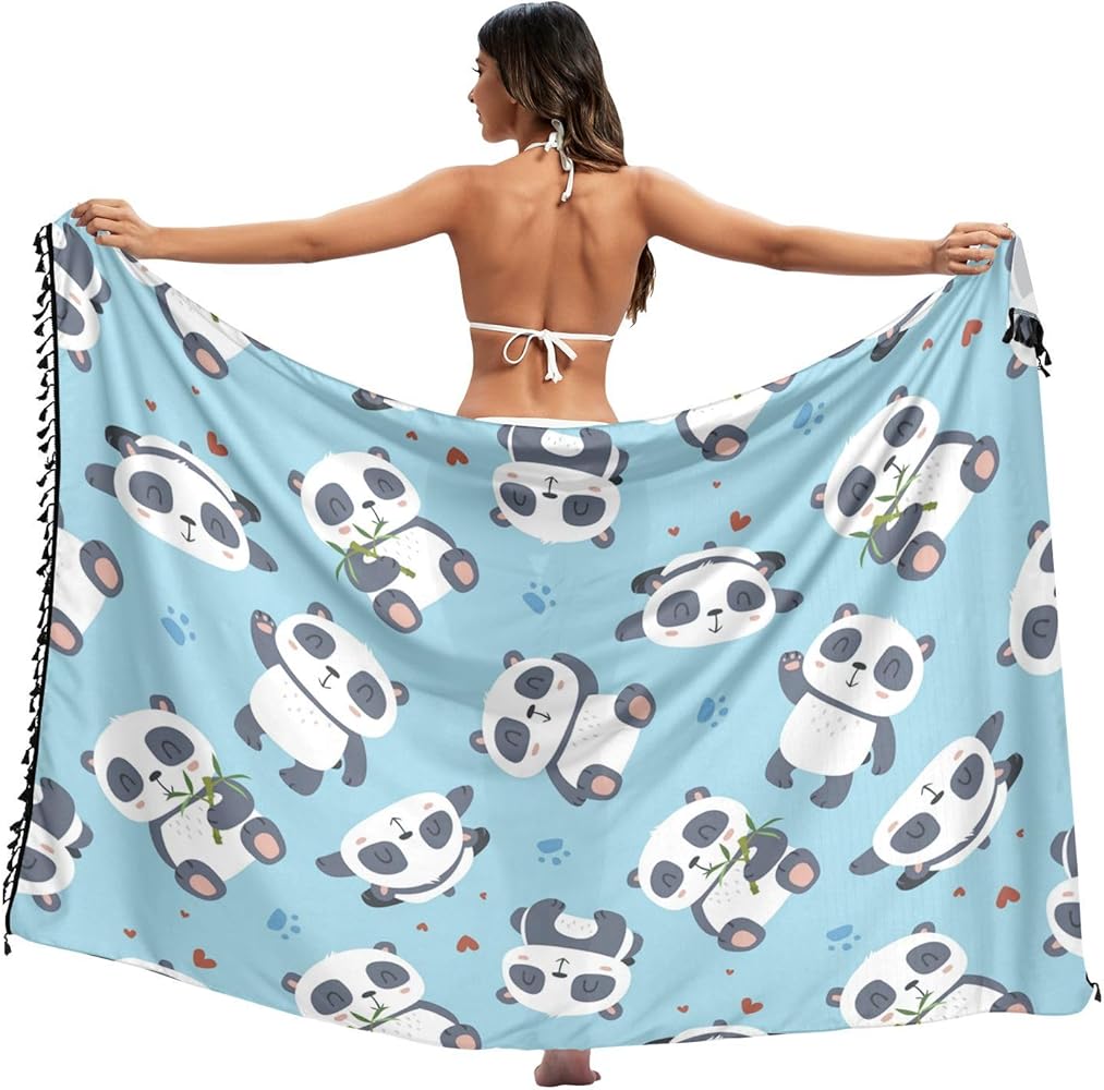 Cute Panda Women's Beach Sarong Coverups Summer Bikini Swimsuit Wrap Skirts with Tassels