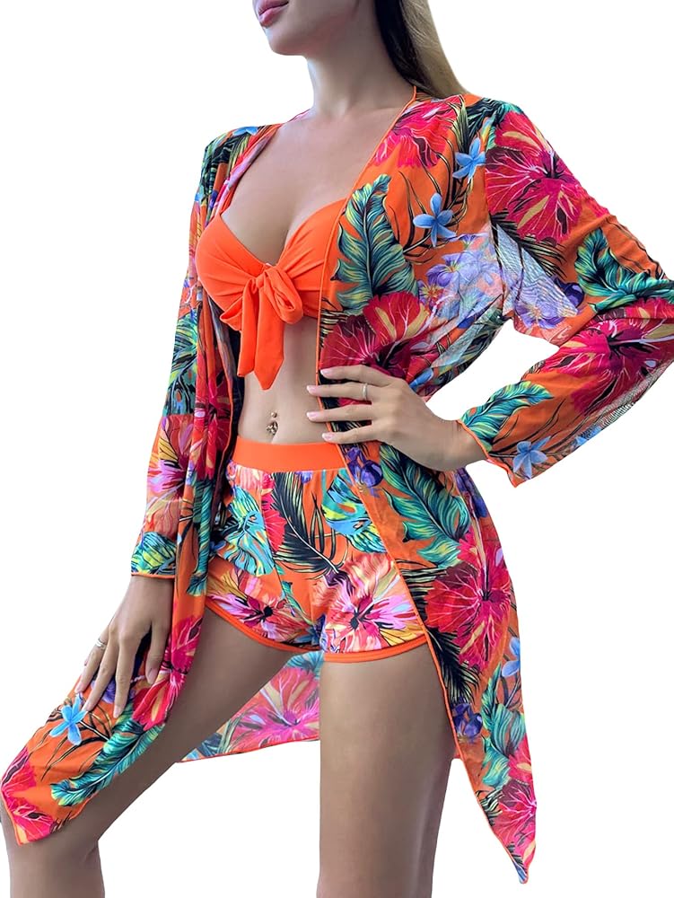 OYOANGLE Women's 3 Piece Tropical Print Spaghetti Strap Underwire Bikini Swimsuit with Kimono Cover Up