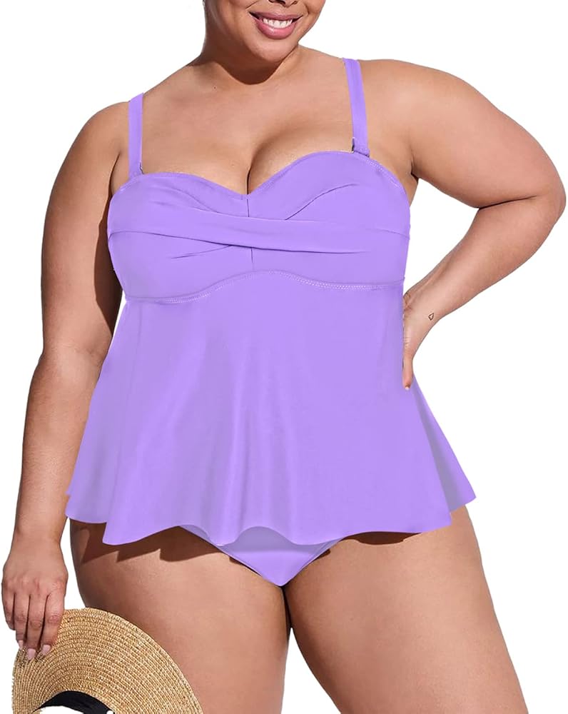 Sovoyontee Women Plus Size Tankini Swimsuit Two Piece Flowy Ruffle Bathing Suits Tummy Control Swimwear