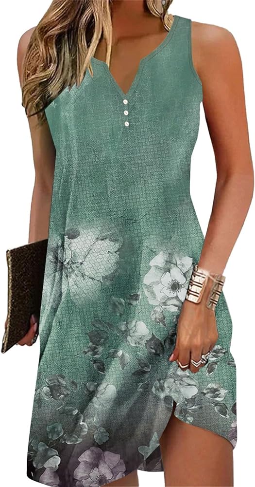 Womens Summer Dress 2024 Casual Button Down V Neck Sleeveless Fashion Floral Print Beach Sundresses A-Line Dress