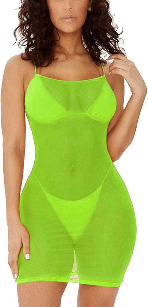 Sheer Cover Ups for Swimwear Women Adjustable Spaghetti Strap See Through Mesh Mini Dress