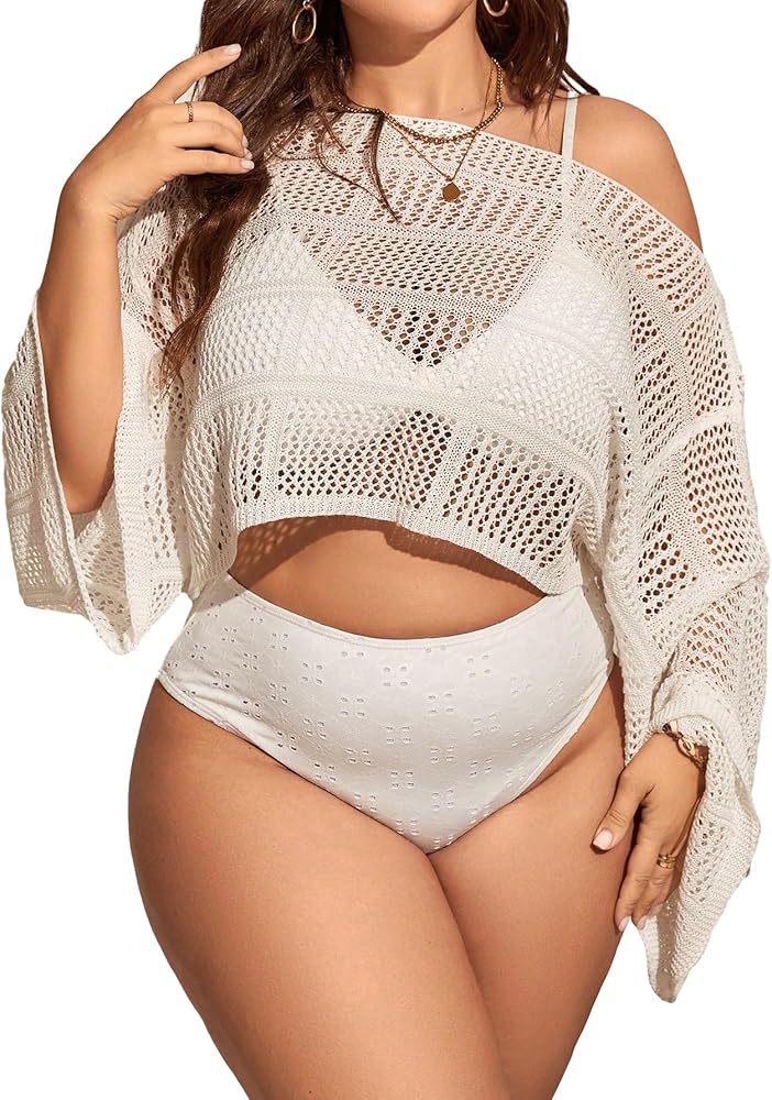 GORGLITTER Women's Plus Size Hollow Out Crochet Cover Up Top Off Shoulder Long Sleeve Beachwear Sheer Tee White X-Large Plus