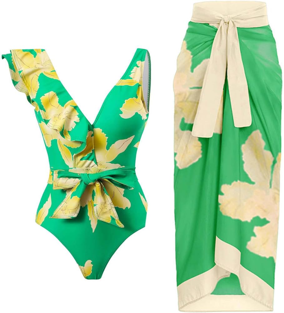 2023 New Women Beach Swimsuit Floral Print Tropical Bikini Swimsuit with Cover up Wrap Skirt 2 Pieces Bathing Suits