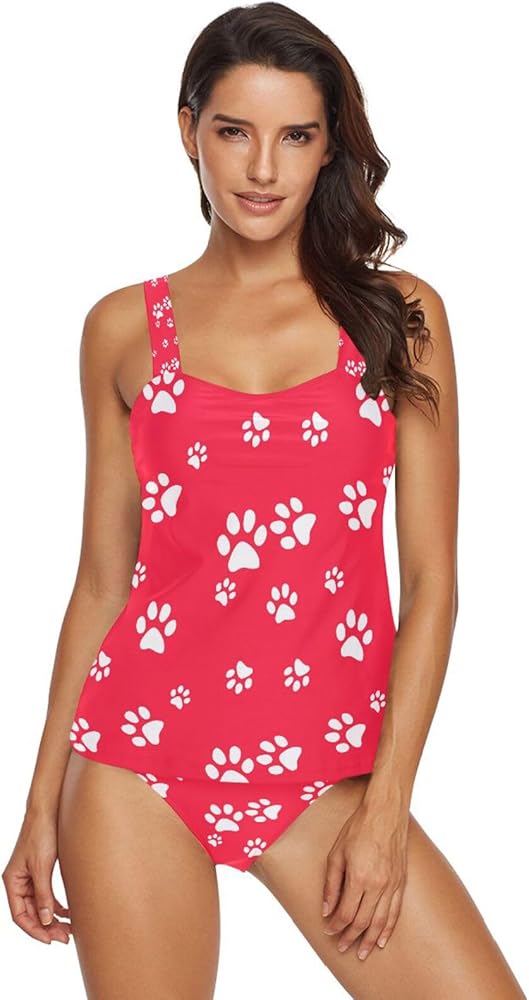 Dog Paw 2 Piece Women Tankini Swimsuit Tummy Control Sport Bathing Suit with Bikini Bottom