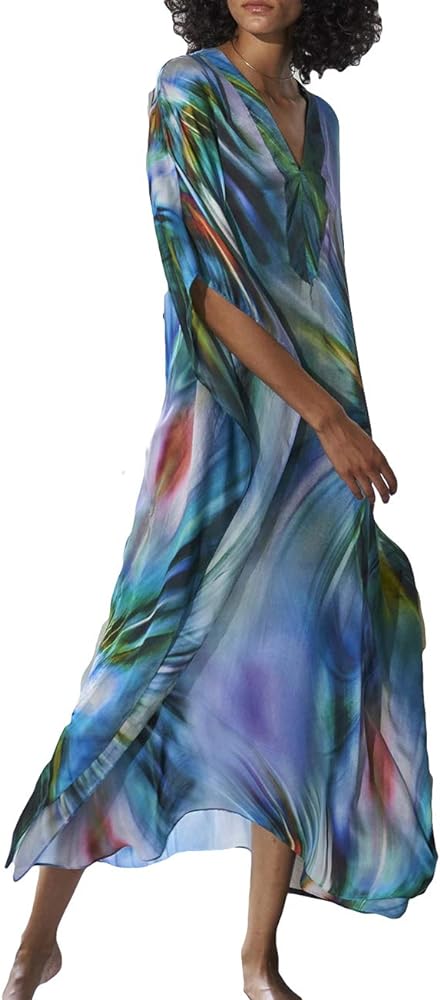 Bsubseach Womens Print Kaftan Long Beach Dresses V Neck Plus Size Swimsuit Cover Ups Swimwear