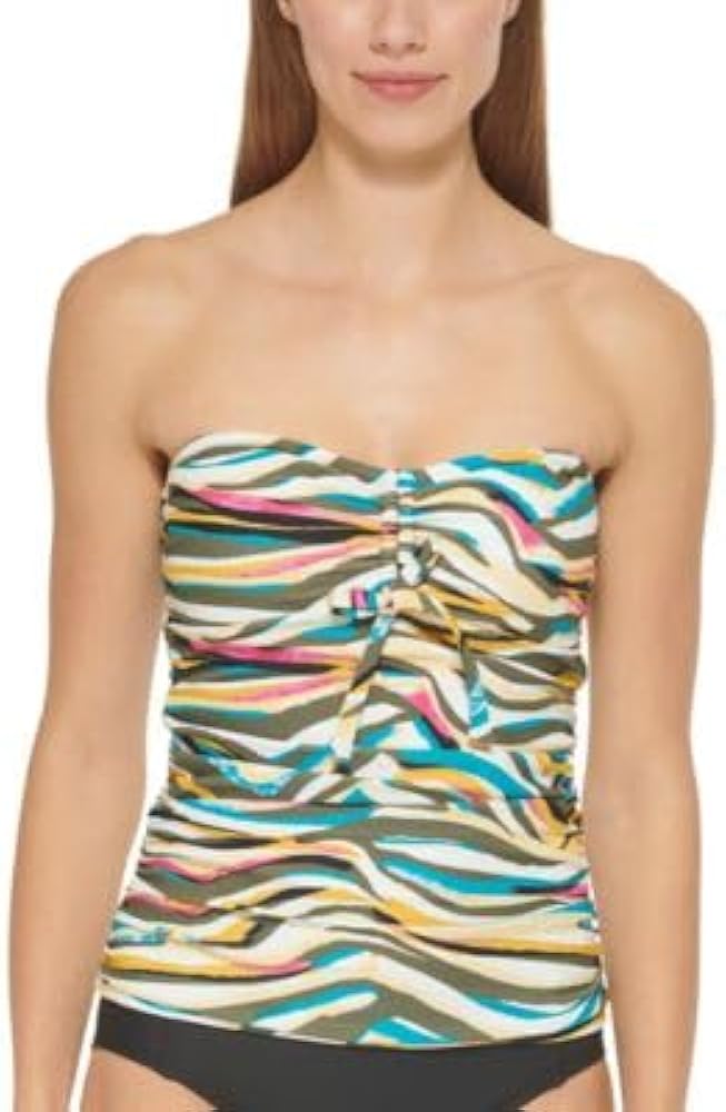 DKNY Women's Printed Bandeau Bow Tankini Top Watercolor Zebra Moss X-Small