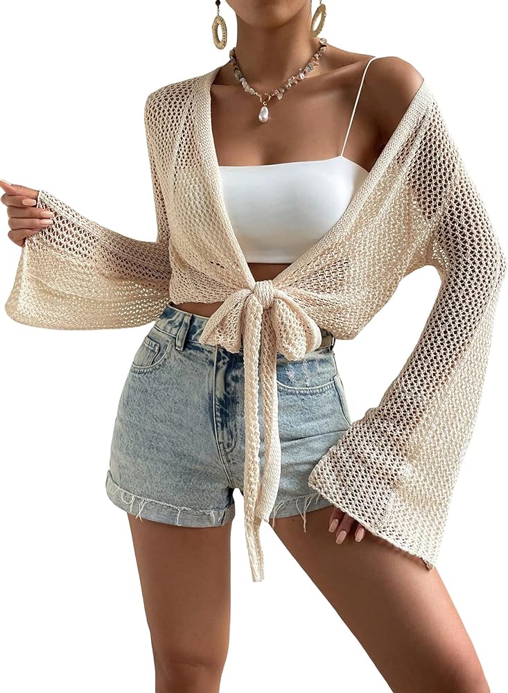 MakeMeChic Women's Knit Beach Cover Up Tie Front Long Sleeve Bathing Suit Cover Up Cardigan