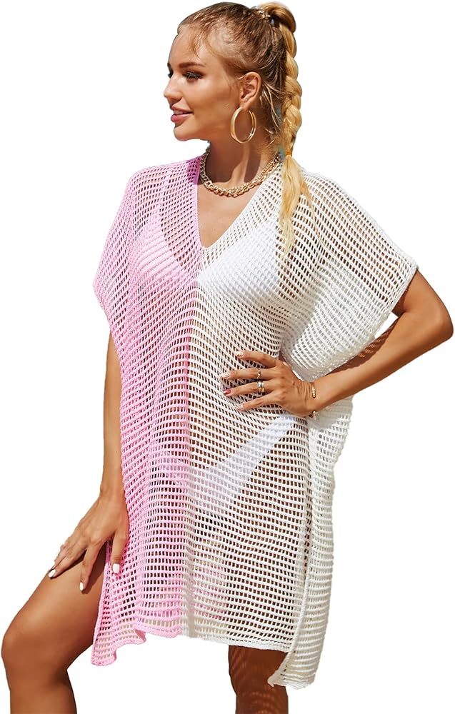 Spmor Women Summer Bathing Suit Cover Ups for Beach Pool Swimwear V Neck Crochet Dress