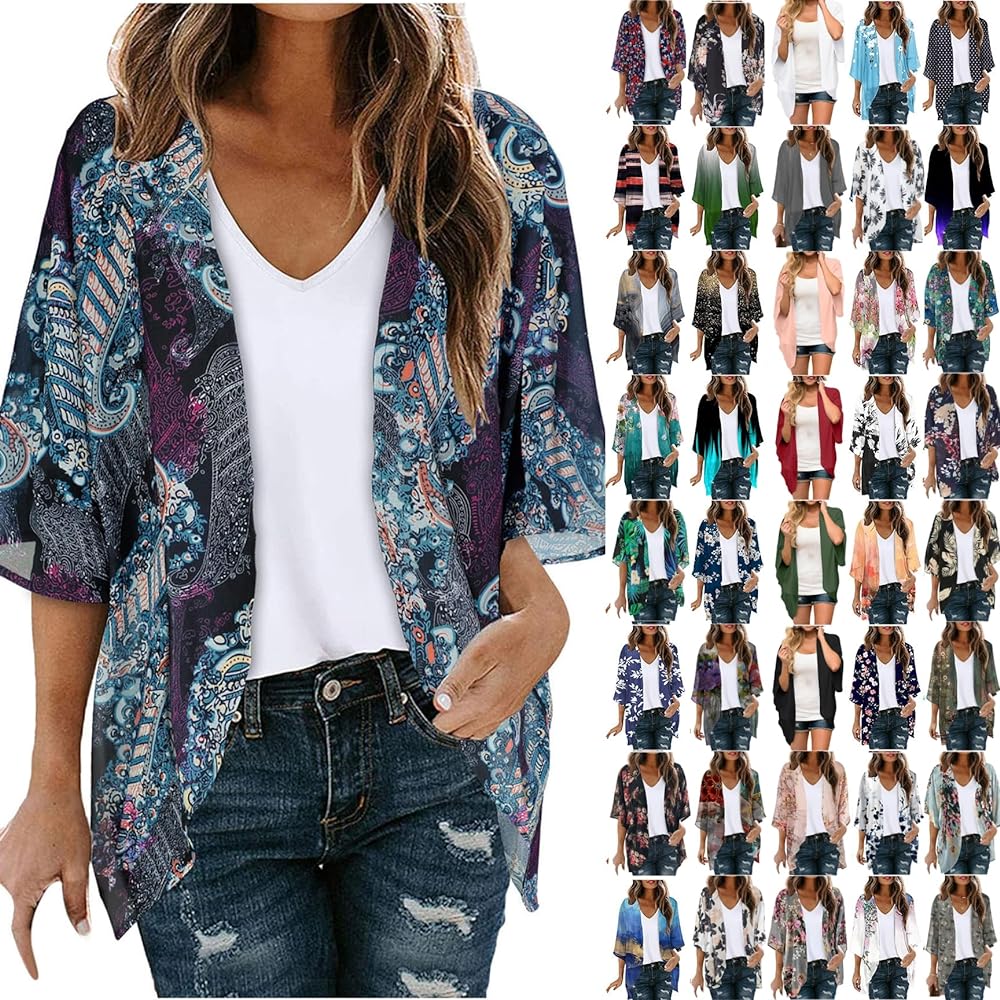 2024 Floral Printed Cardigans Women's Puff Sleeve Kimono Casual Loose Cover Up Boho Blouse Tops Summer Boho Clothes