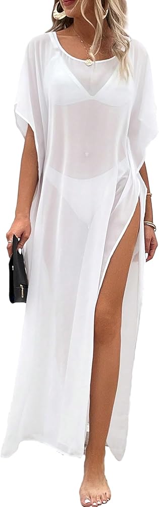 SOLY HUX Women's Split Thigh Cover Up Dress Scoop Neck Short Sleeve See Through Long Kimonos Bikini Coverups