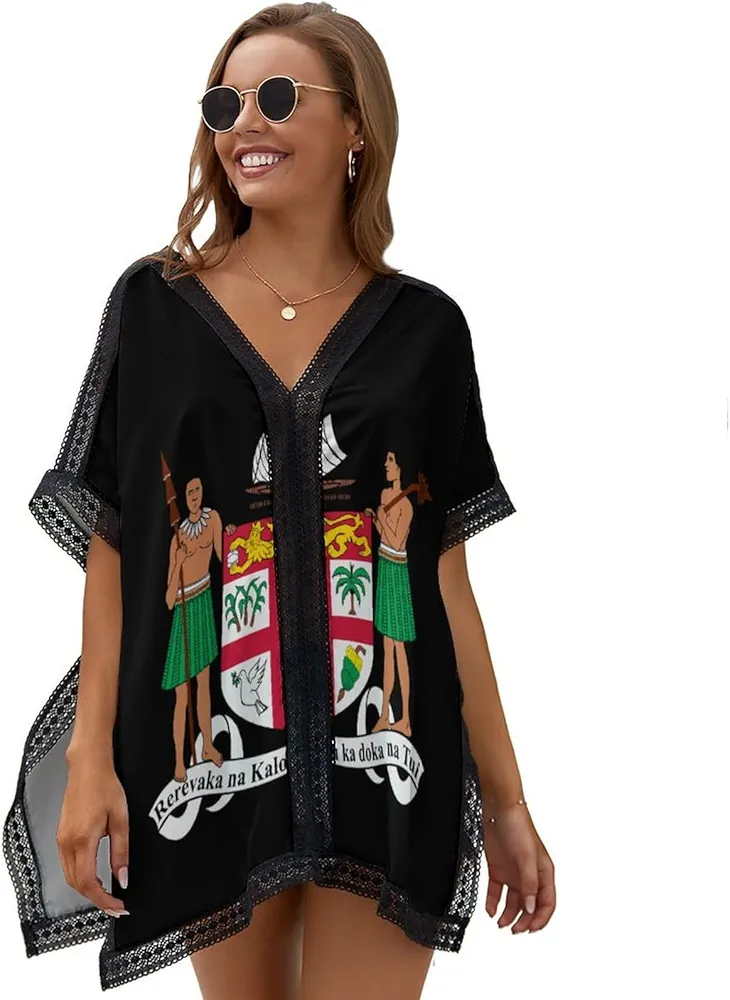 Coat of Arms of Fiji Womens Beach Swim Cover Up V Neck Swimsuit Coverup Lace Trim Poncho Beachwear Tops