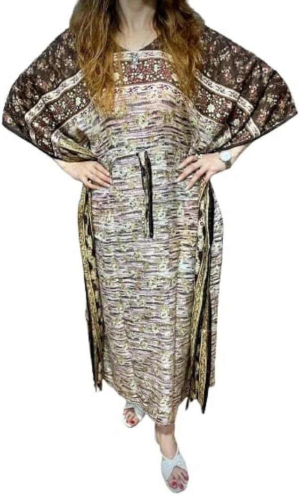 Vintage Kaftan for Women, Floral Print Plus Size Indian Vintage Long Maxi Gown, Night Dress for Women 100% Pure Silk.