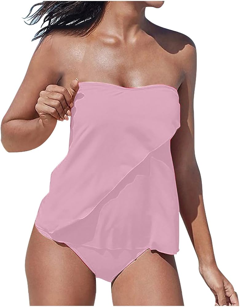 Womens Bathing Suits Two Piece Halter Bandeau Swim Top with Bottom Solid Color Summer Beach Swimsuits