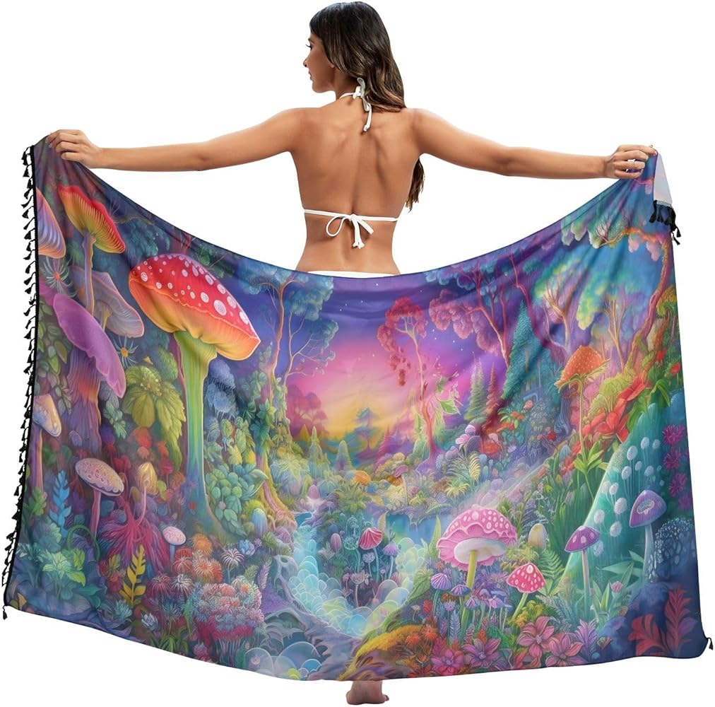 Surreal Psychedelic Landscape Women's Swimwear Cover Ups Plus Size Beach Bikini Sarong Wraps with Tassel,L