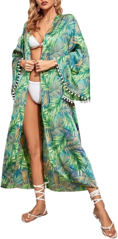 Swimsuit coverup for women Tropical Print Pom Pom Trim Kimono swimsuit coverup for women