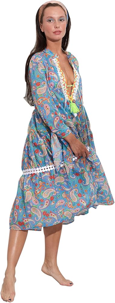 AMORISSIMO L'ESTATE DENTRO Long Caftan 'Luli Papeete'', Paisley Pattern, Cotton Voile, Size S-M, UK 8-10, EU 36-38 Multicolor