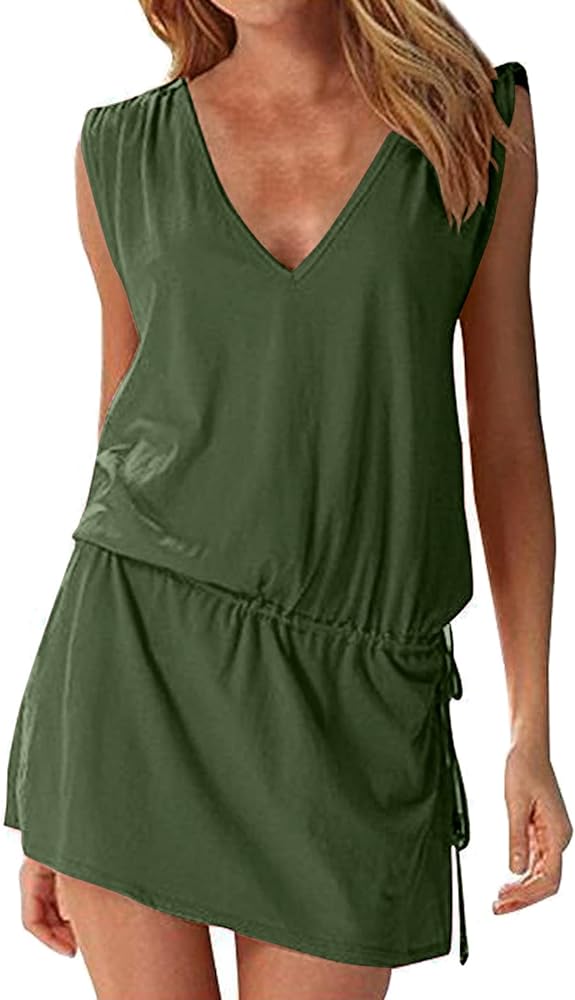 Hount Women's Beach Swimsuit Cover up Deep V-Neck Short Mini Dress Beach Skirt