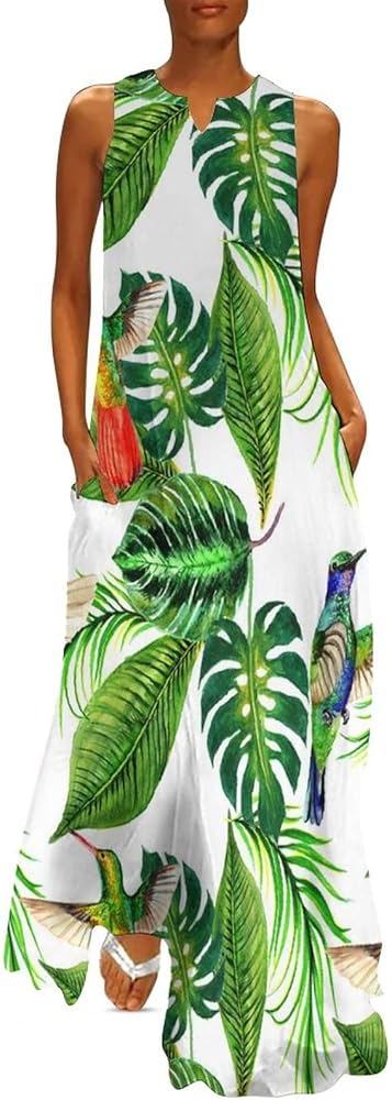 Tropical Hawaii Leaves Palm Tree Women's Sleeveless Dresses Casual Maxi Long Dress Tank Dress Beach Dress