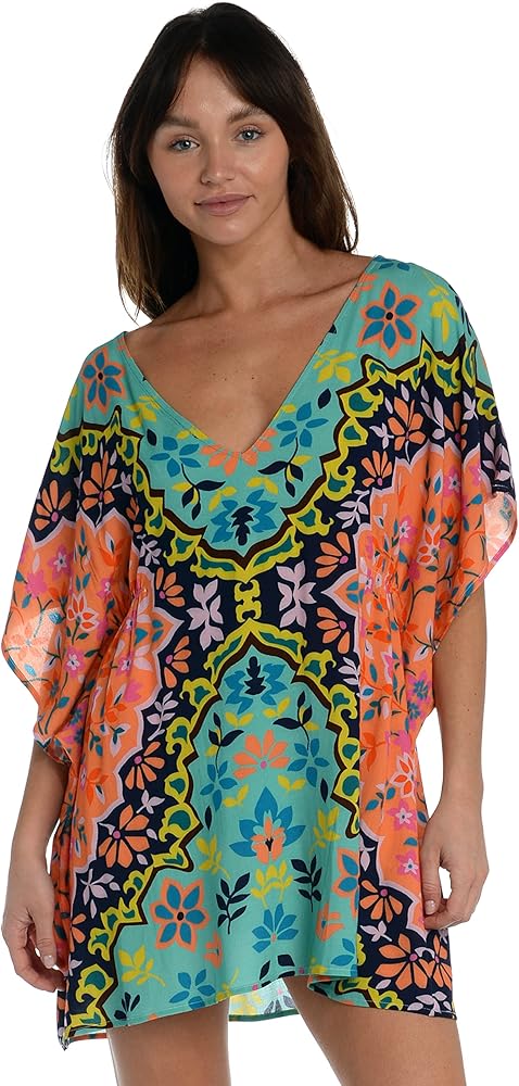 Sunshine 79 womens Short Sleeve Tunic Dress Swimwear Cover Up, Multi Flora-block, Large US