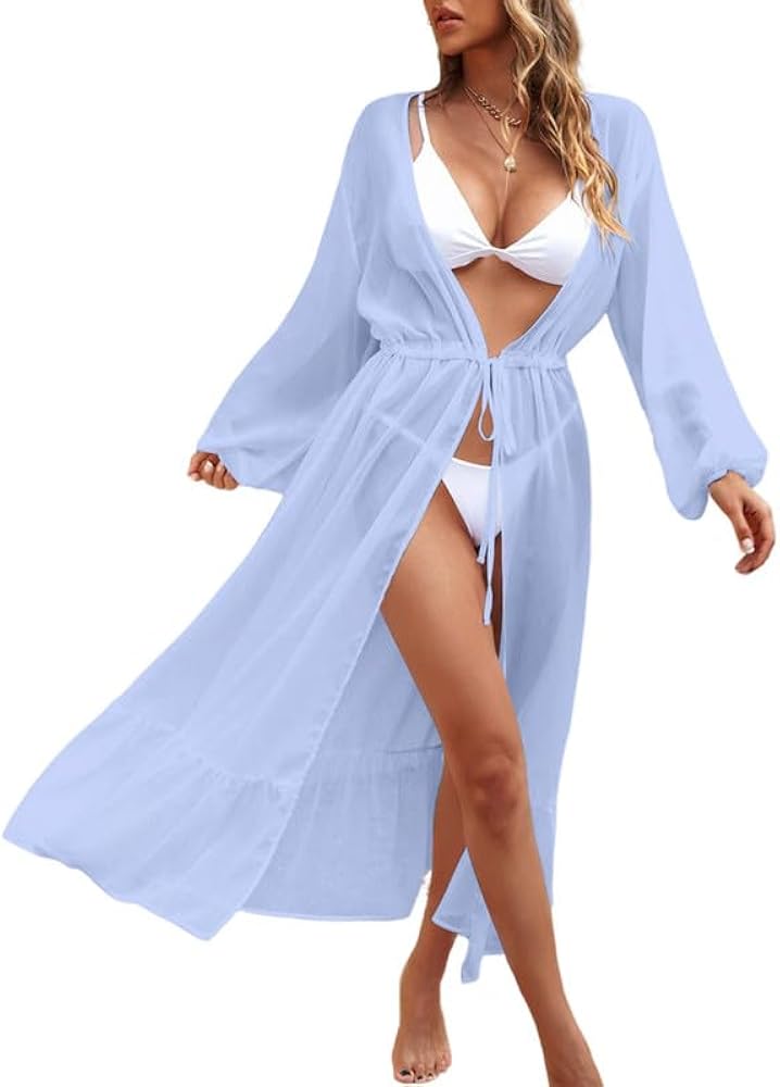 Dokotoo Women's 2024 Summer Tie Waist Open Front Beach Swimsuit Cover Up Maxi Sheer Kimonos Dress Vacation Outfits