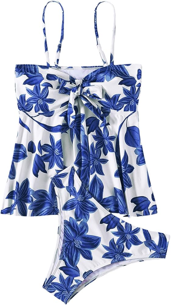 Women's 2 Pieces Swimsuits Floral Print Bow Front Ruched Cut Out Ruffle Hem Bikini Sets Blue and White X-Large