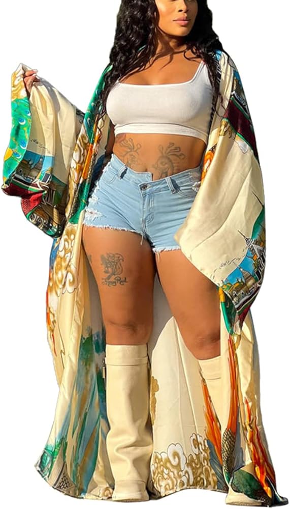 Kimono Cardigan for Women Long Boho Satin Kimono Robes Plus Size Open Front Beach Swimsuit Cover Ups Lightweight Duster