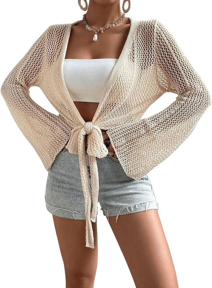 Verdusa Women's Knot Front Long Sleeve Kimono Hollow Out Crochet Crop Cardigan Cover Up