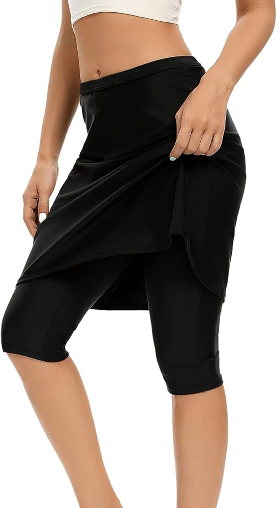 MAXE Women Swim Skirt with Legging Sun Protective UPF 50+ Swimming Tight Attached Skort Capris