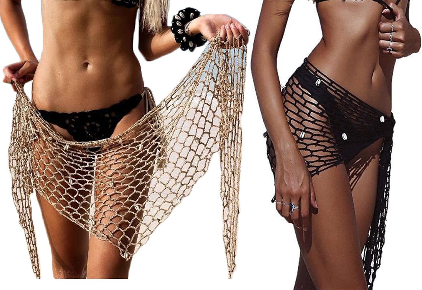 Women Hollow Out Crochet Cover Up Triangle Shawl Wrap Scarf Sarong Fishnet Skirt with Shells/Sequin