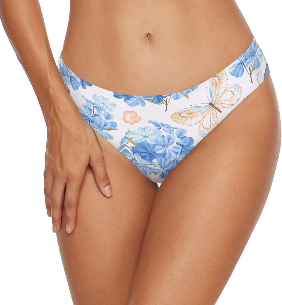 KLL Rustic Flowers Phlox Safari Butterflies Blue Bikinis Bottoms Cheeky Beach Waterproof Bathing Suit Bottoms