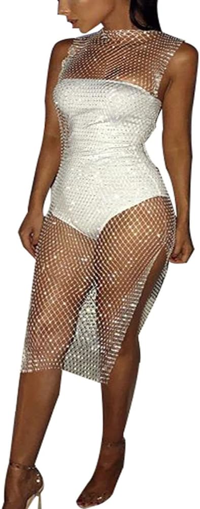 Women's See Through Mesh Split Swimsuit Sleeveless Hollow Out Cover Up Rhinestone Sheer O Neck Party Swimwear Midi Dress