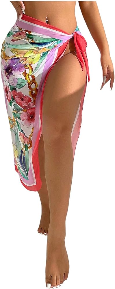 WDIRARA Women's Floral High Split Knot Side Cover Up Skirts High Waist Summer Beachwear