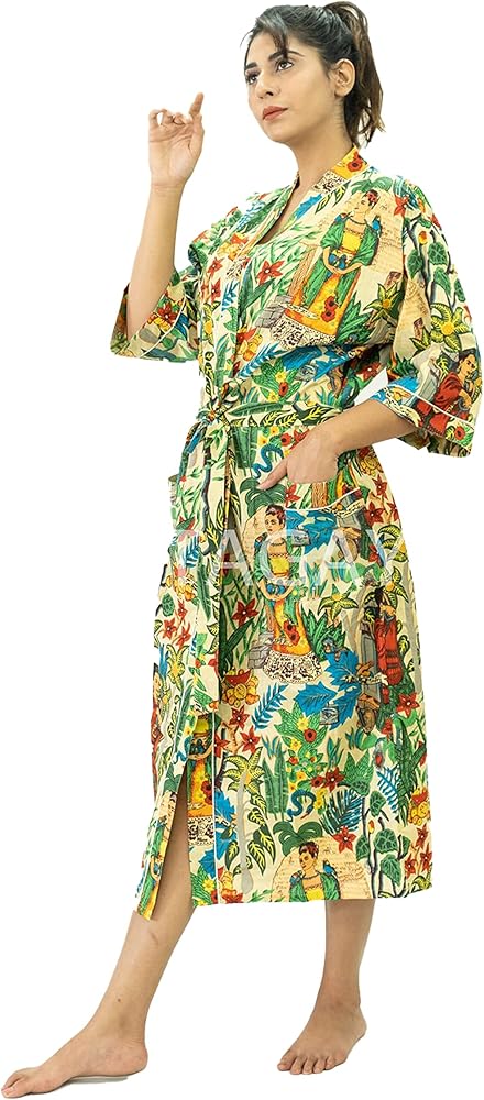 Indian Handmade Frida Kahlo design Bohemian Long Kimono Beach Cover up Cotton Bath Robes Kimono Women Cardigan Nightgown