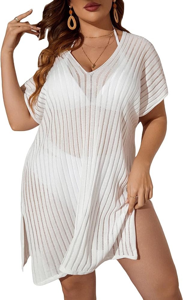 GORGLITTER Women's Plus Mesh Split Cover Up Dress Short Sleeve V Neck Beach Coverups Swimsuit