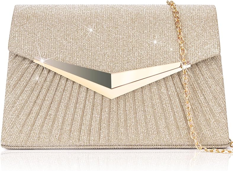 Larcenciel Bolsos de Fiesta, Bolso de Mano de Mujer Plisado Dorado Brillante con Cadena Amovible, Elegante Lentejuelas Bolso de Noche de Trapezoidal para Boda, Fiesta, Cóctele, Prom, 21x13.5x5.5cm