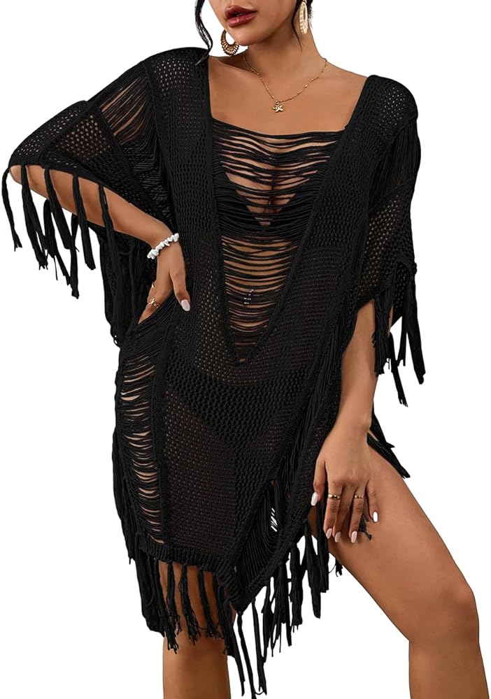 Bsubseach Sheer Bikini Cover Up for Women Fringe Hollow Out Swimsuit Coverups Sexy Beach Pool Bathing Suit Tassel Tops