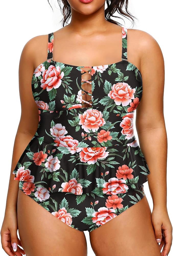 Yonique Plus Size Swimsuits for Women Tummy Control Two Piece Bathing Suits Peplum Tankini Tops High Waisted Swimwear