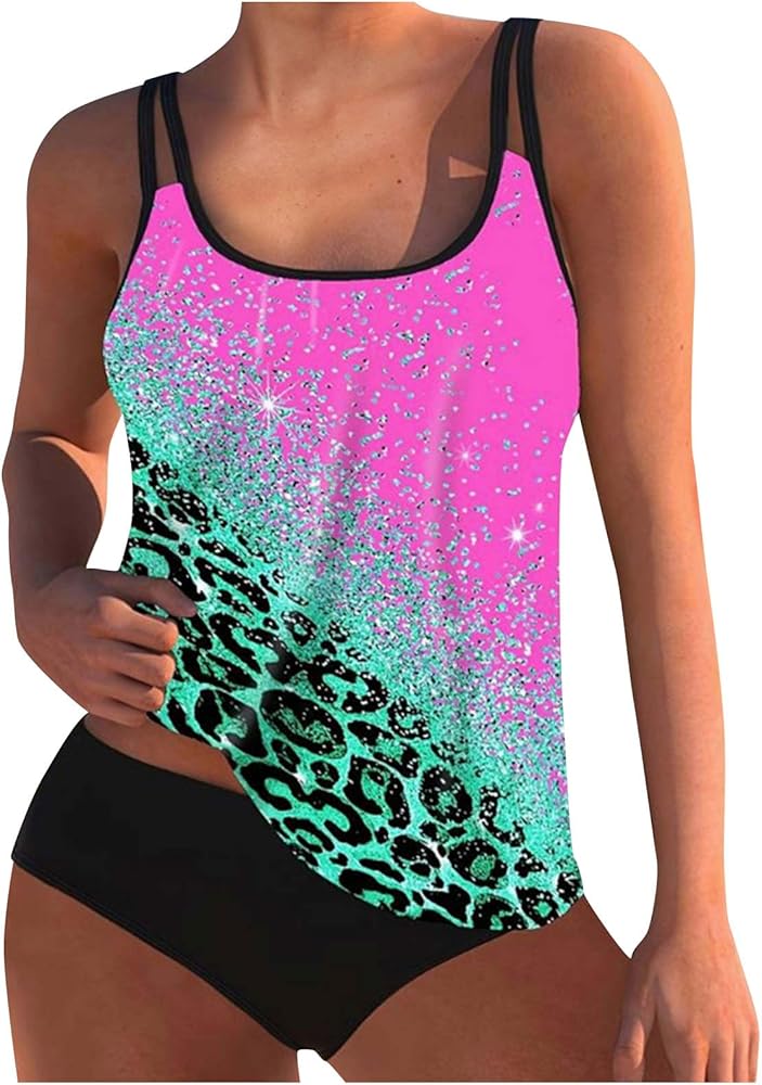 Women's Plus Size Swimsuits Leopard Print 2 Piece Tankini Sets Bathing Suit Swim Tank Top and Shorts Bikini Swimwear