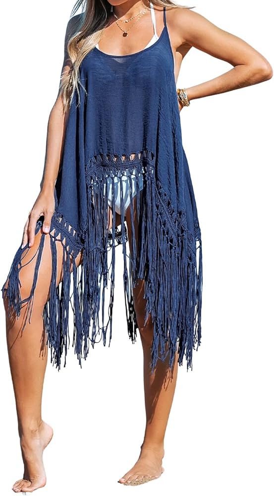 CUPSHE Womens Sleeveless Bathing Suit Cover Ups Spaghetti Strap Tassel Hem Swim Coverup Bikini Beach Tops