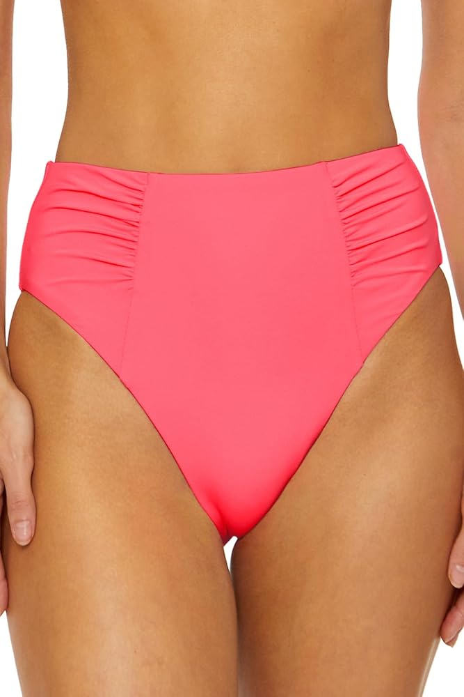 Women's Buckle Up Shirred High-Waisted Bikini Bottom, Cheeky Coverage, Swimwear Separates