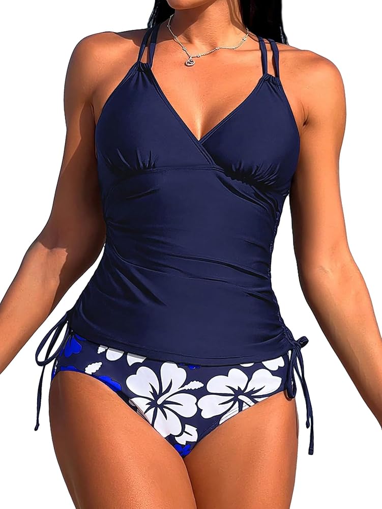 SHENHE Women's 2 Piece Tankini Swimsuit Halter Neck Drawstring Side Bathing Suit Floral Navy Blue Medium