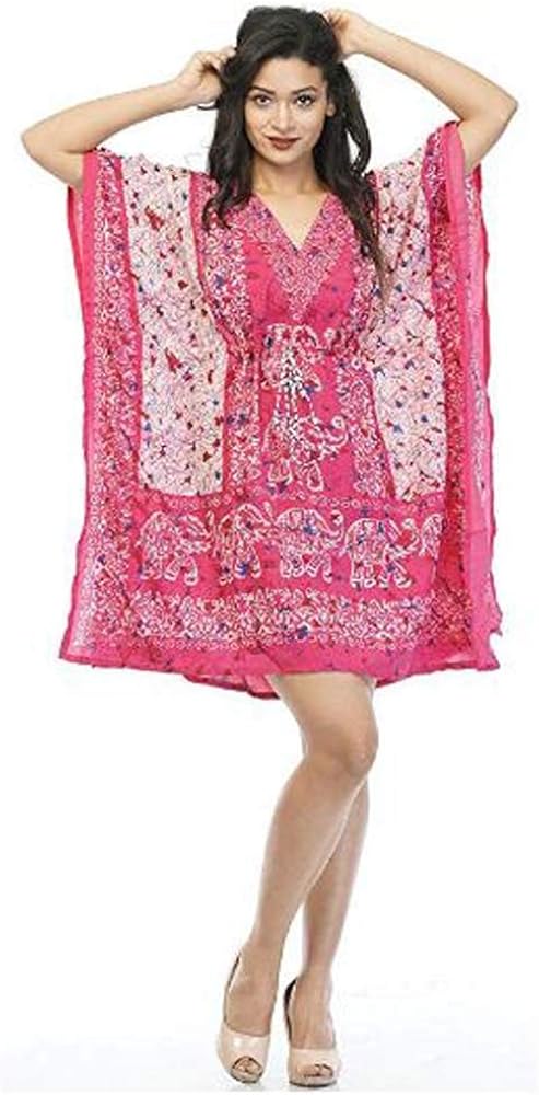 Women Kaftan Night Dress Kimono Caftan Beach Maxi Boho Short Top Tunic Cover Up Elephant Printed Casual Light Pink