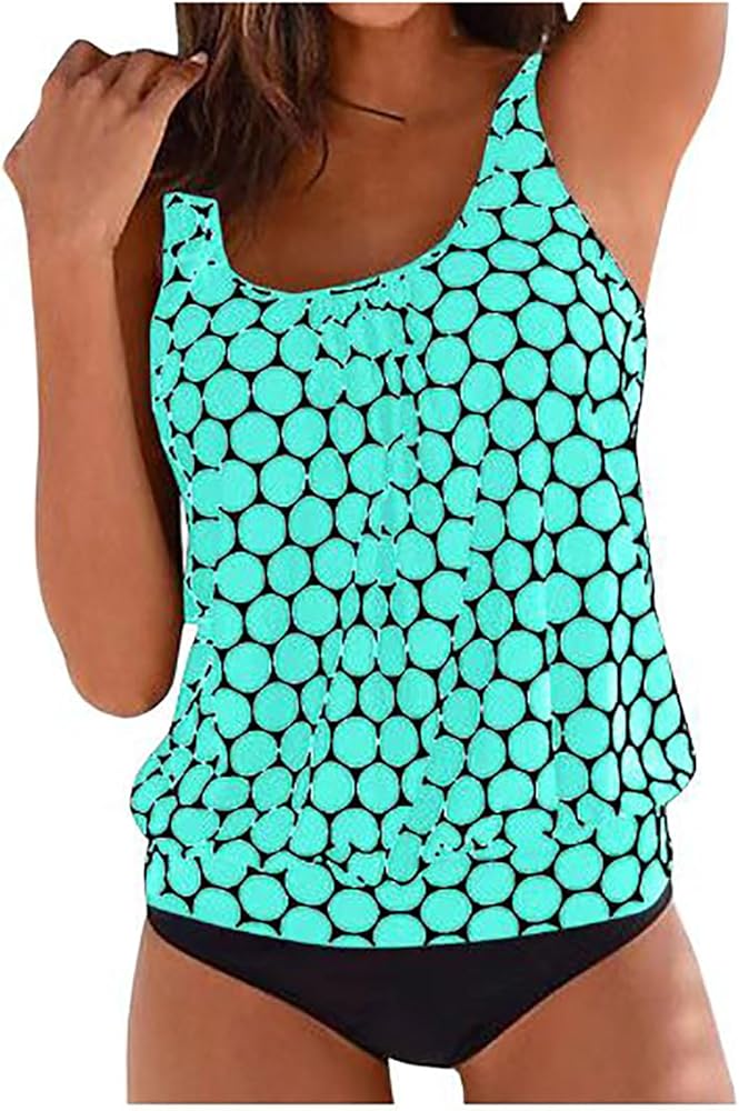 Womens Swimsuit Tankini Set Polka Dots Blouson Top with Bottom Modest Swim Tank Tops 2024 Beach Sporty Bathing Suit